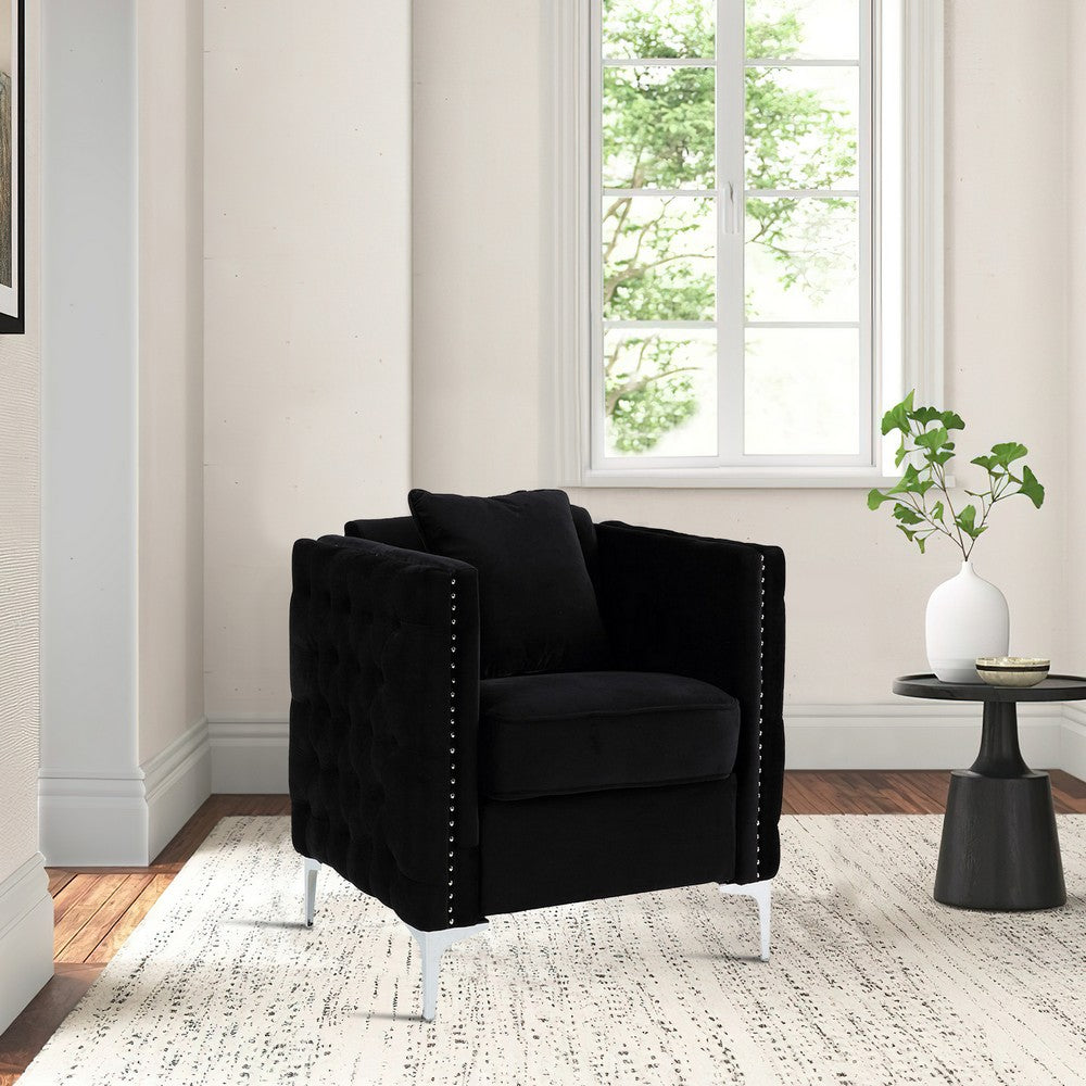 Benjara Zion 34 Inch Accent Chair with Throw Pillow, Handmade Tufted, Black Velvet