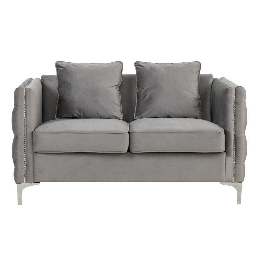 Benjara Zion 53 Inch Accent Loveseat, Handmade Nailhead Trim, Tufted, Gray Velvet
