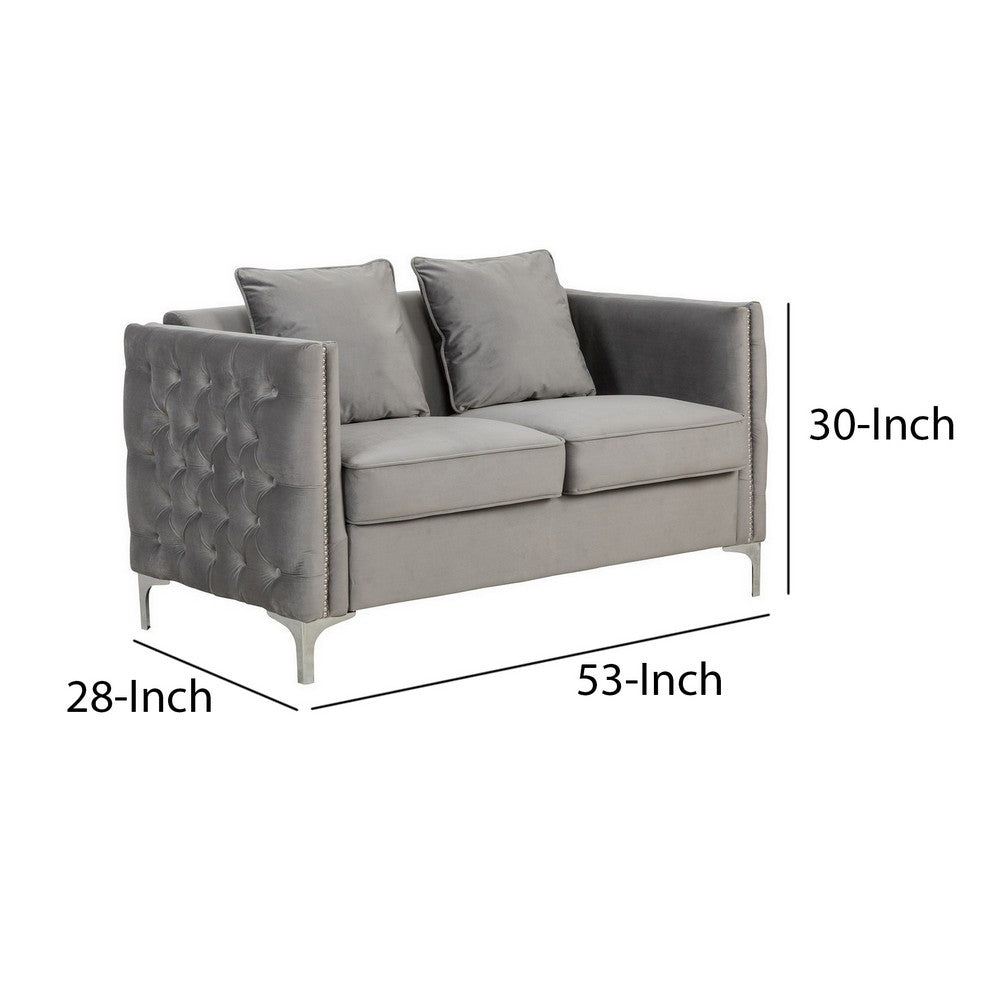 Benjara Zion 53 Inch Accent Loveseat, Handmade Nailhead Trim, Tufted, Gray Velvet