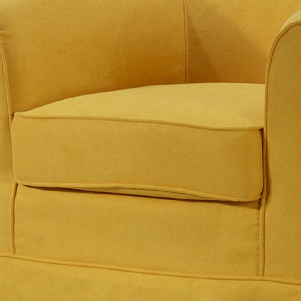 Benjara Lex 28 Inch Swivel Accent Chair, Yellow Fabric, Curved Track Back, Skirted