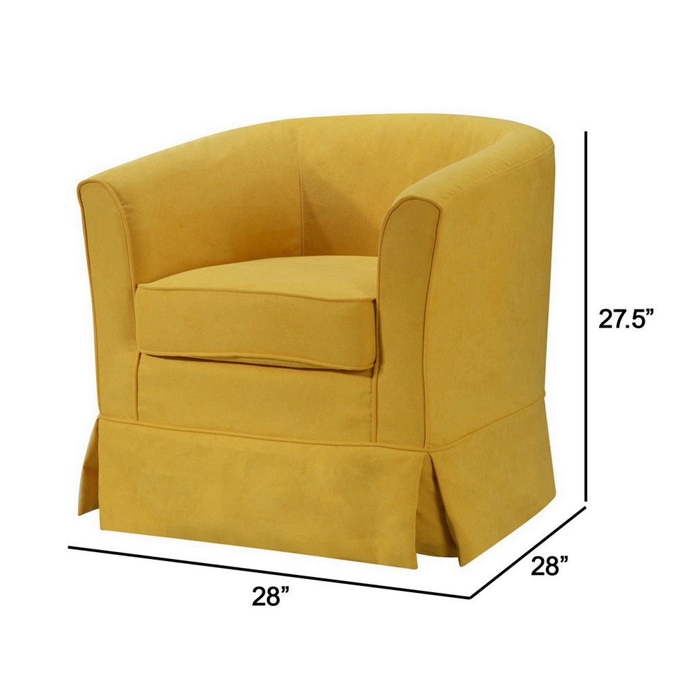 Benjara Lex 28 Inch Swivel Accent Chair, Yellow Fabric, Curved Track Back, Skirted