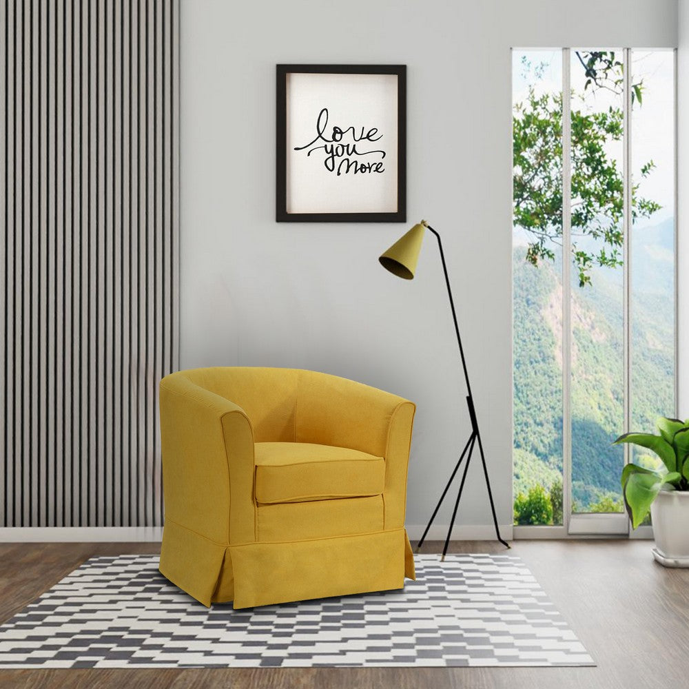 Benjara Lex 28 Inch Swivel Accent Chair, Yellow Fabric, Curved Track Back, Skirted