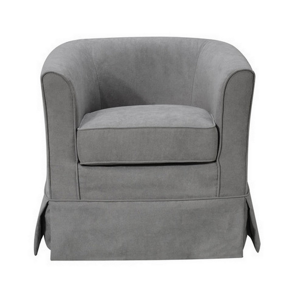 Benjara Lex 28 Inch Swivel Accent Chair, Light Gray Fabric, Curved Back, Skirted