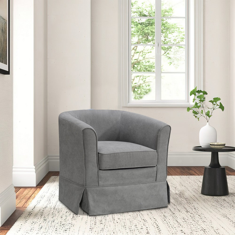 Benjara Lex 28 Inch Swivel Accent Chair, Light Gray Fabric, Curved Back, Skirted