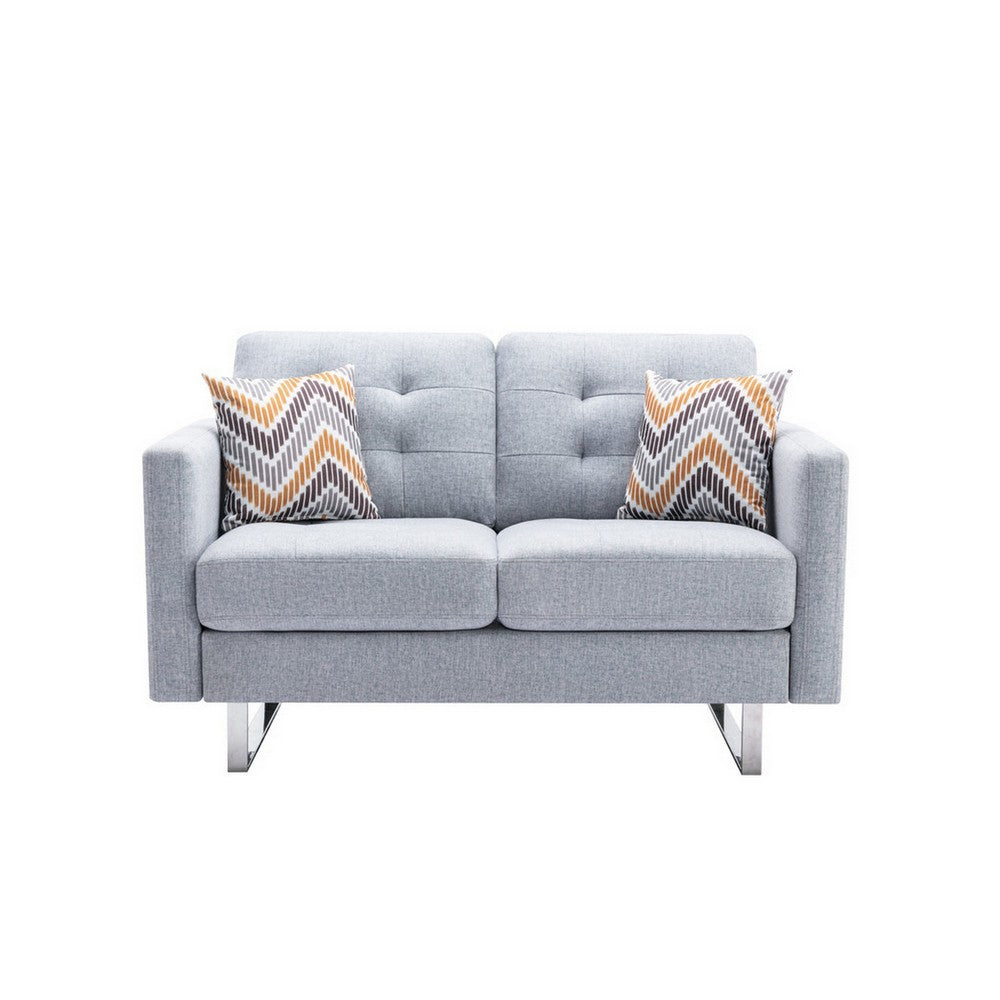 Benjara Caden 54 Inch Modern Loveseat with Side Pocket And 2 Pillows, Light Gray