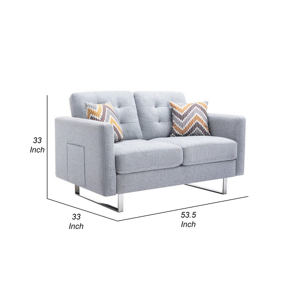Benjara Caden 54 Inch Modern Loveseat with Side Pocket And 2 Pillows, Light Gray
