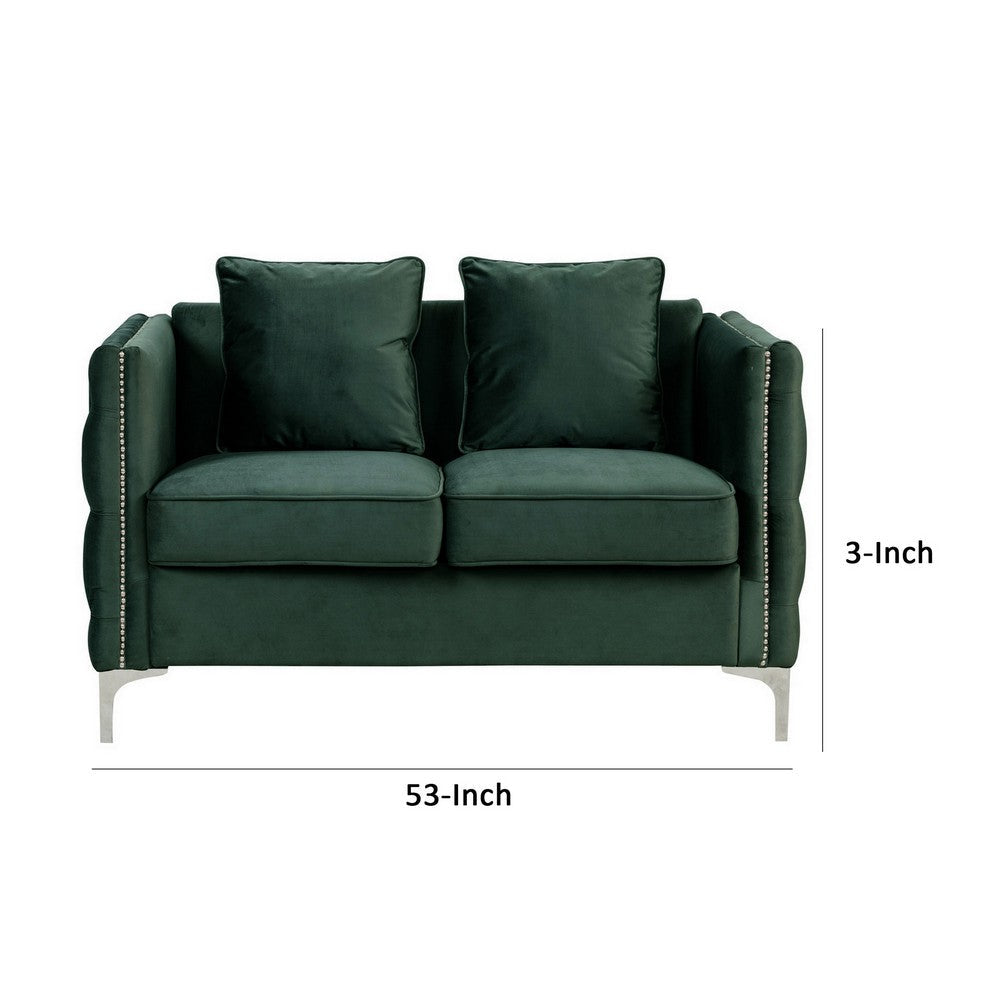 Benjara Zion 53 Inch Accent Loveseat, Nailhead Trim, Button Tufted, Green Velvet
