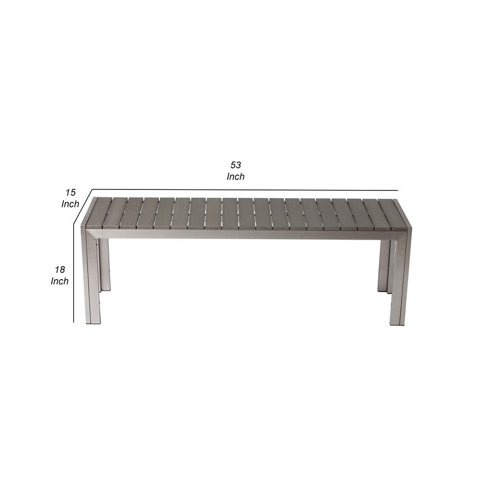 Benjara Theo 53 Inch Outdoor Bench, Gray Aluminum Frame, Plank Style Seat Surface