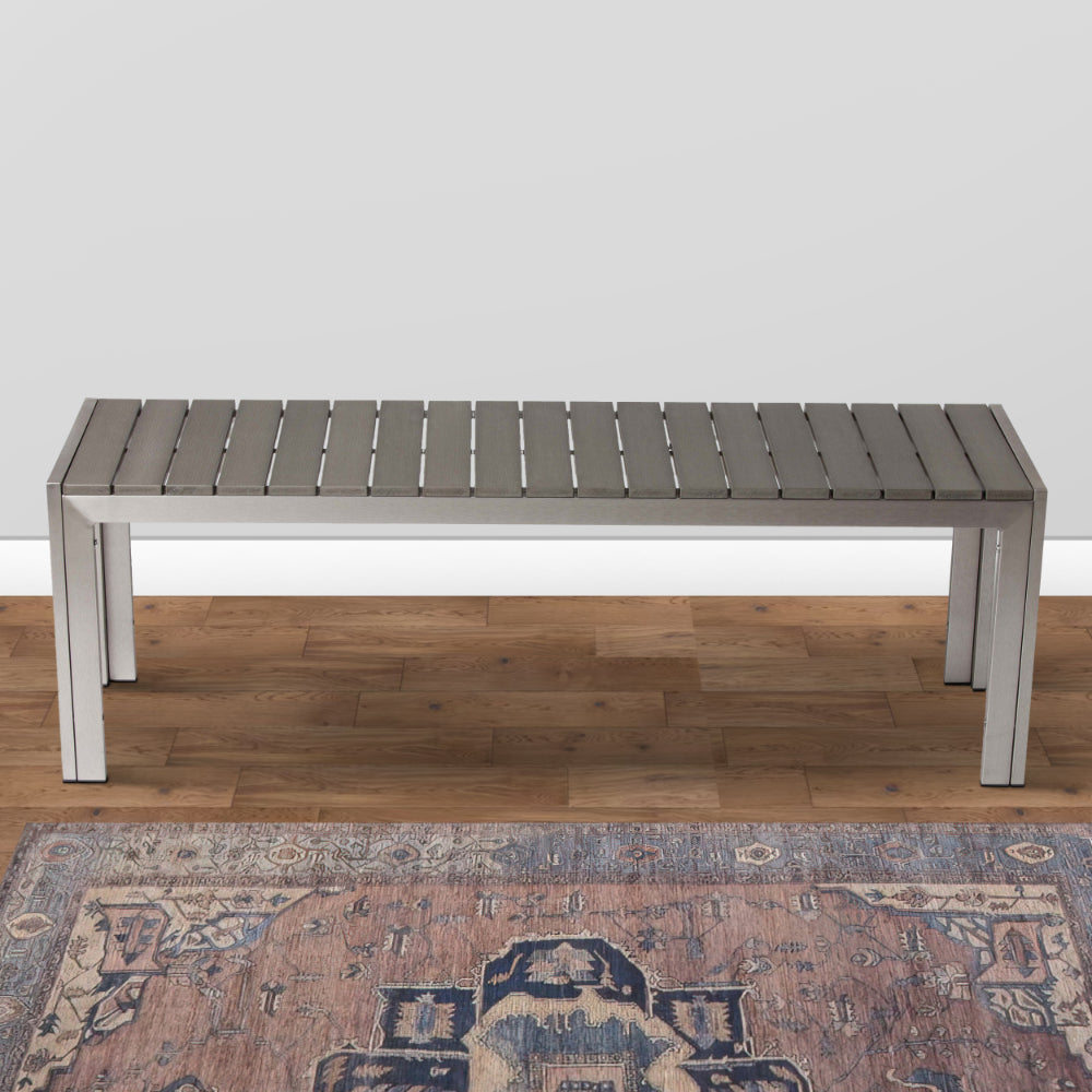 Benjara Theo 53 Inch Outdoor Bench, Gray Aluminum Frame, Plank Style Seat Surface