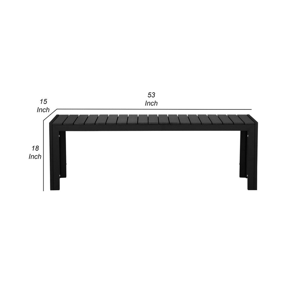 Benjara Theo 53 Inch Outdoor Bench, Black Aluminum Frame, Plank Style Seat Surface