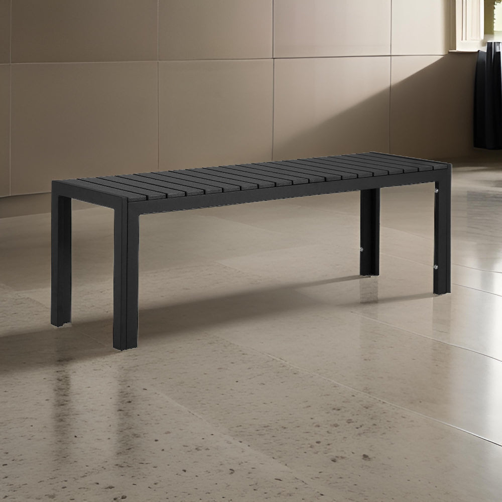 Benjara Theo 53 Inch Outdoor Bench, Black Aluminum Frame, Plank Style Seat Surface