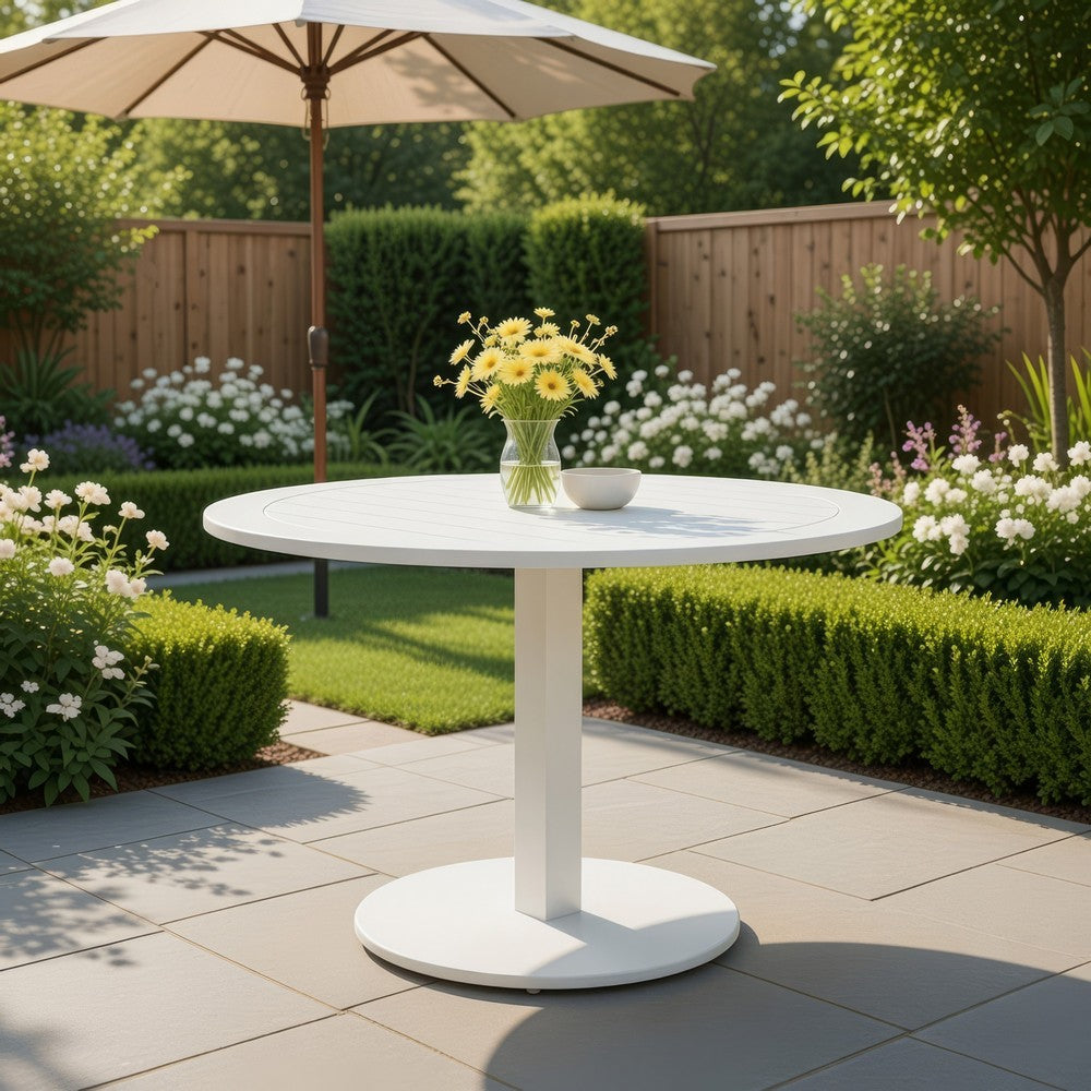 Benjara Keli 35 Inch Round Dining Table, White Aluminum Frame, Foldable Design