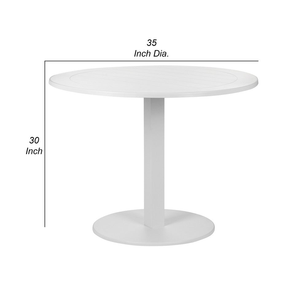 Benjara Keli 35 Inch Round Dining Table, White Aluminum Frame, Foldable Design