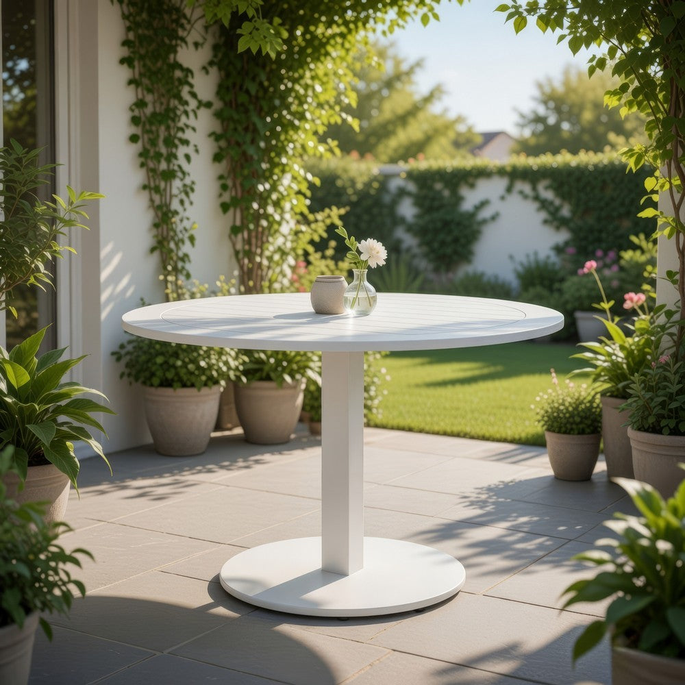 Benjara Keli 35 Inch Round Dining Table, White Aluminum Frame, Foldable Design