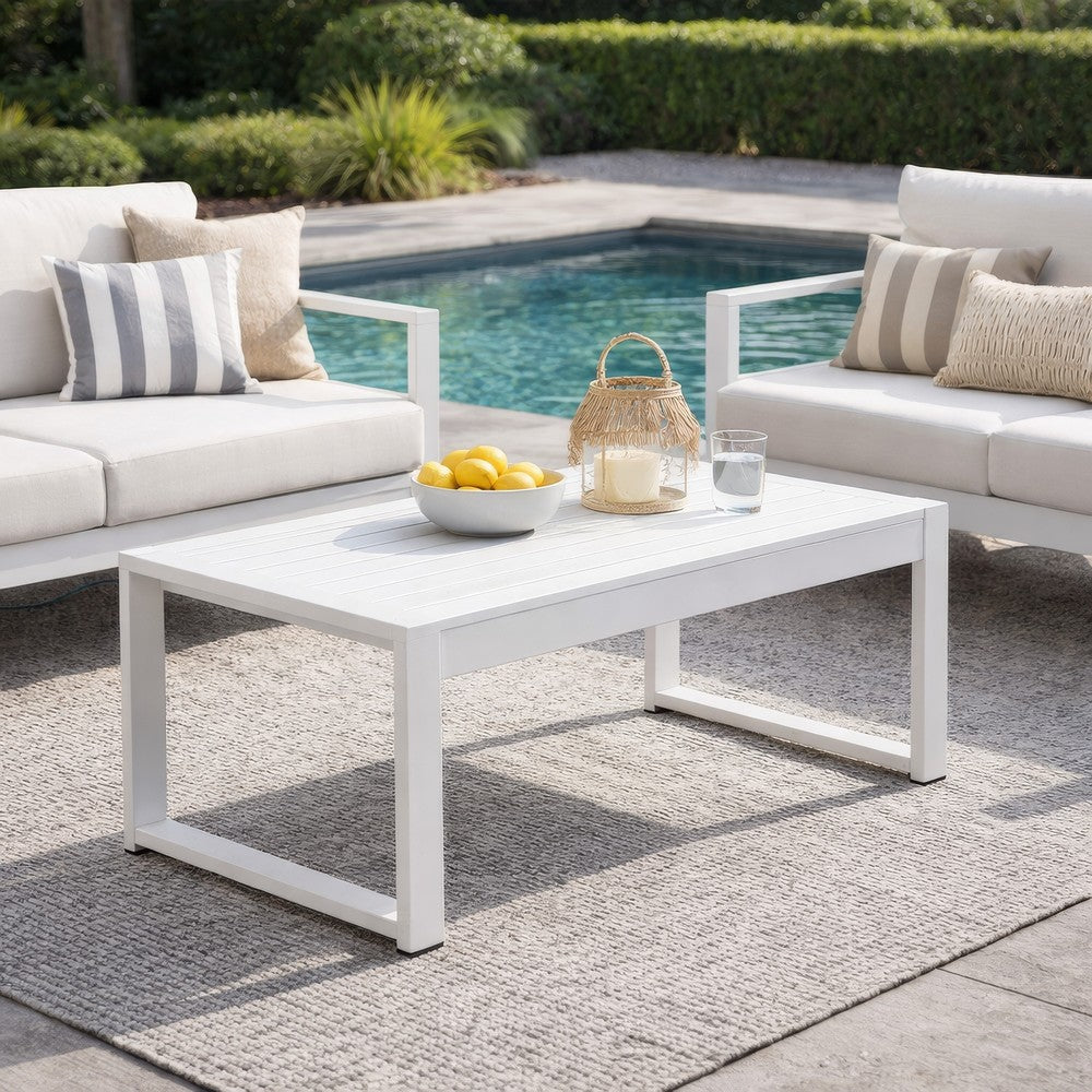 Benjara Lark 35 Inch Outdoor Coffee Table, White Aluminum Frame, Polyresin Top