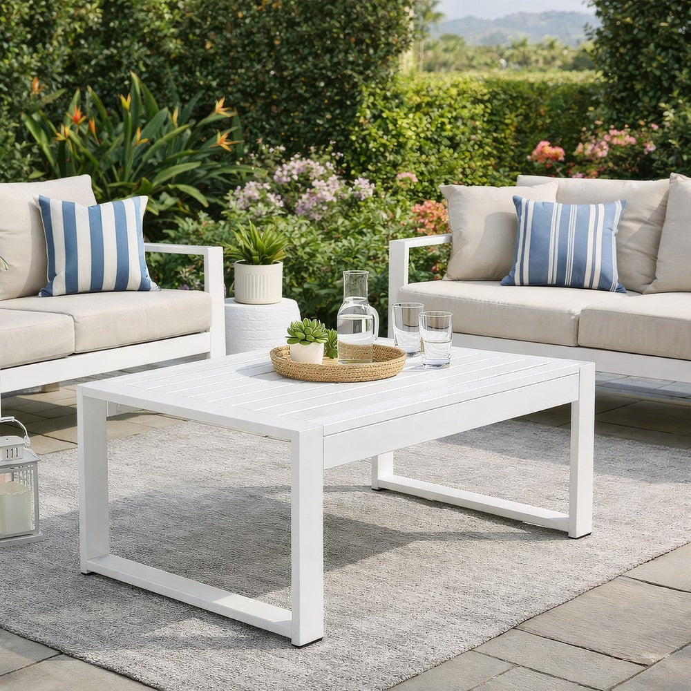 Benjara Lark 35 Inch Outdoor Coffee Table, White Aluminum Frame, Polyresin Top