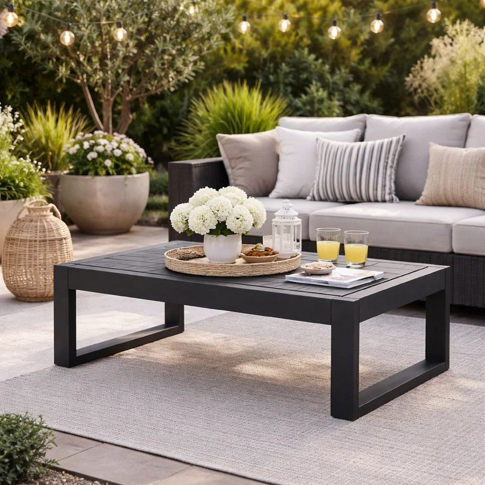 Benjara Kili 35 Inch Coffee Table, Polyresin Surface, Jet Black Aluminum Frame