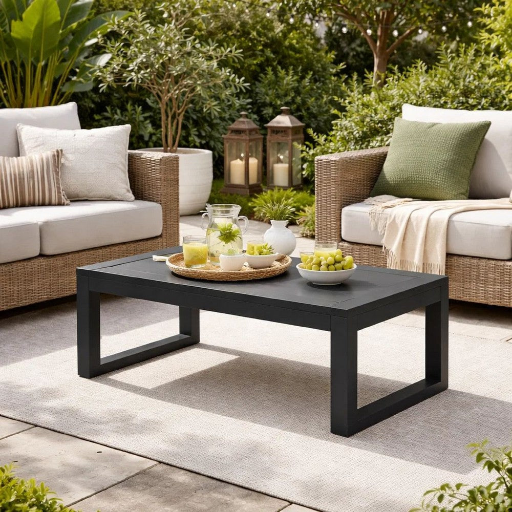 Benjara Kili 35 Inch Coffee Table, Polyresin Surface, Jet Black Aluminum Frame