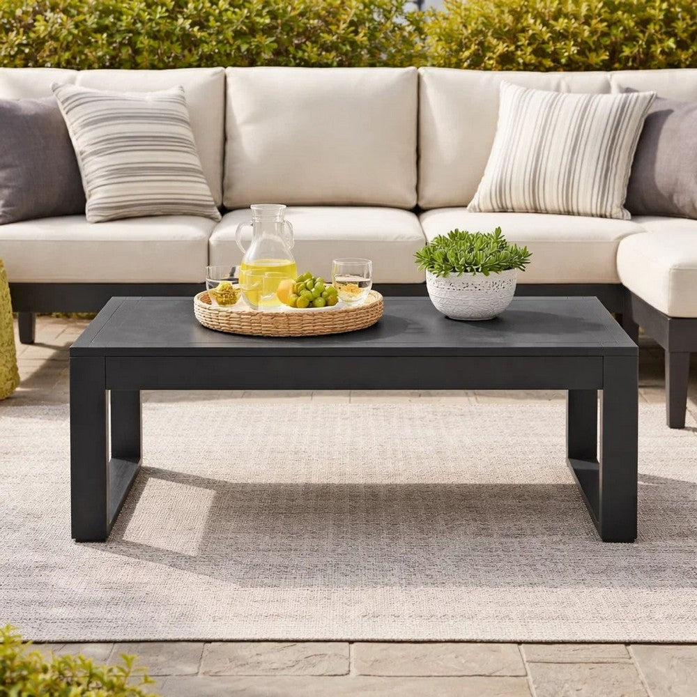 Benjara Kili 35 Inch Coffee Table, Polyresin Surface, Jet Black Aluminum Frame