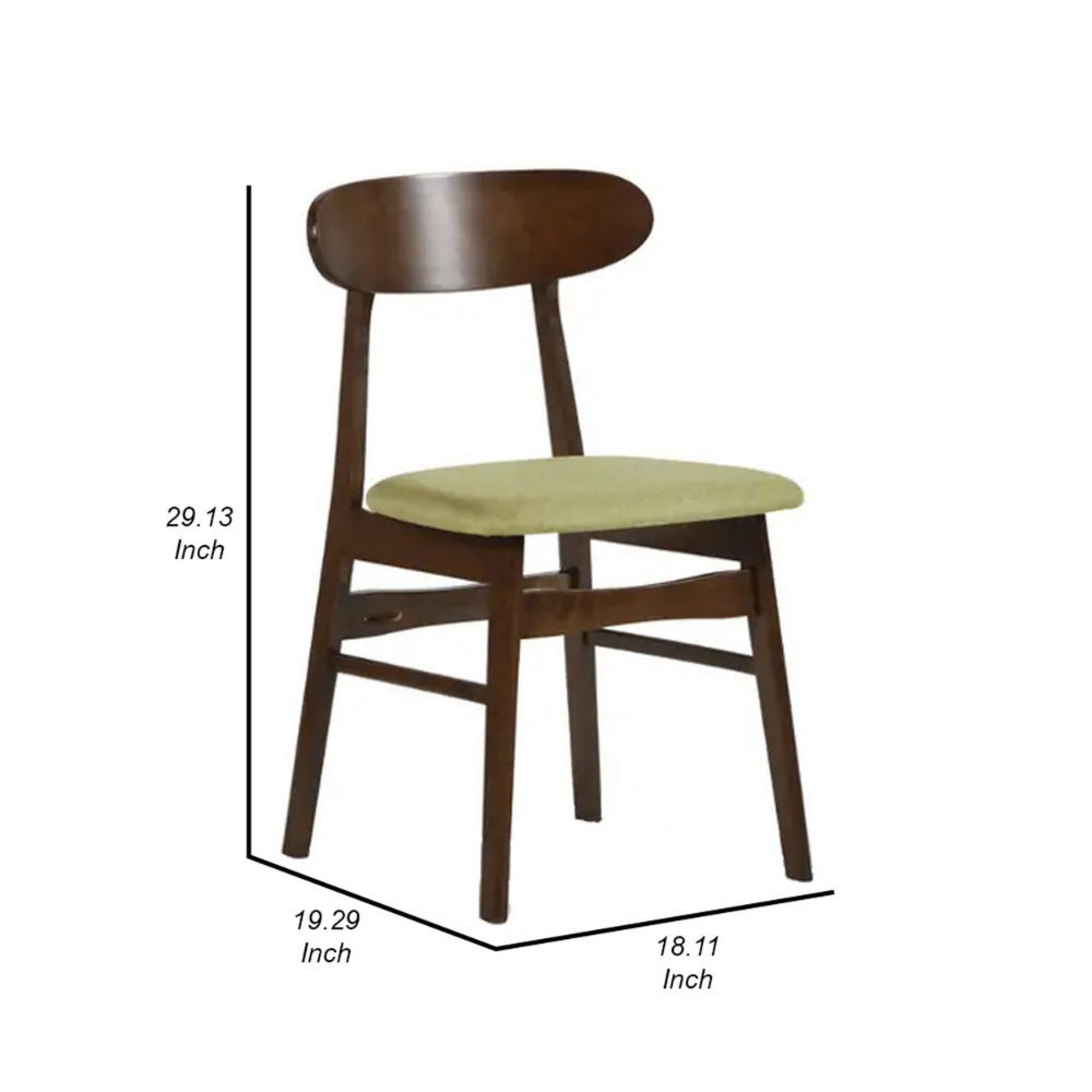 Benjara Bev 20 Inch Set of 2 Dining Chairs, Green Cushions, Dark Brown Rubberwood