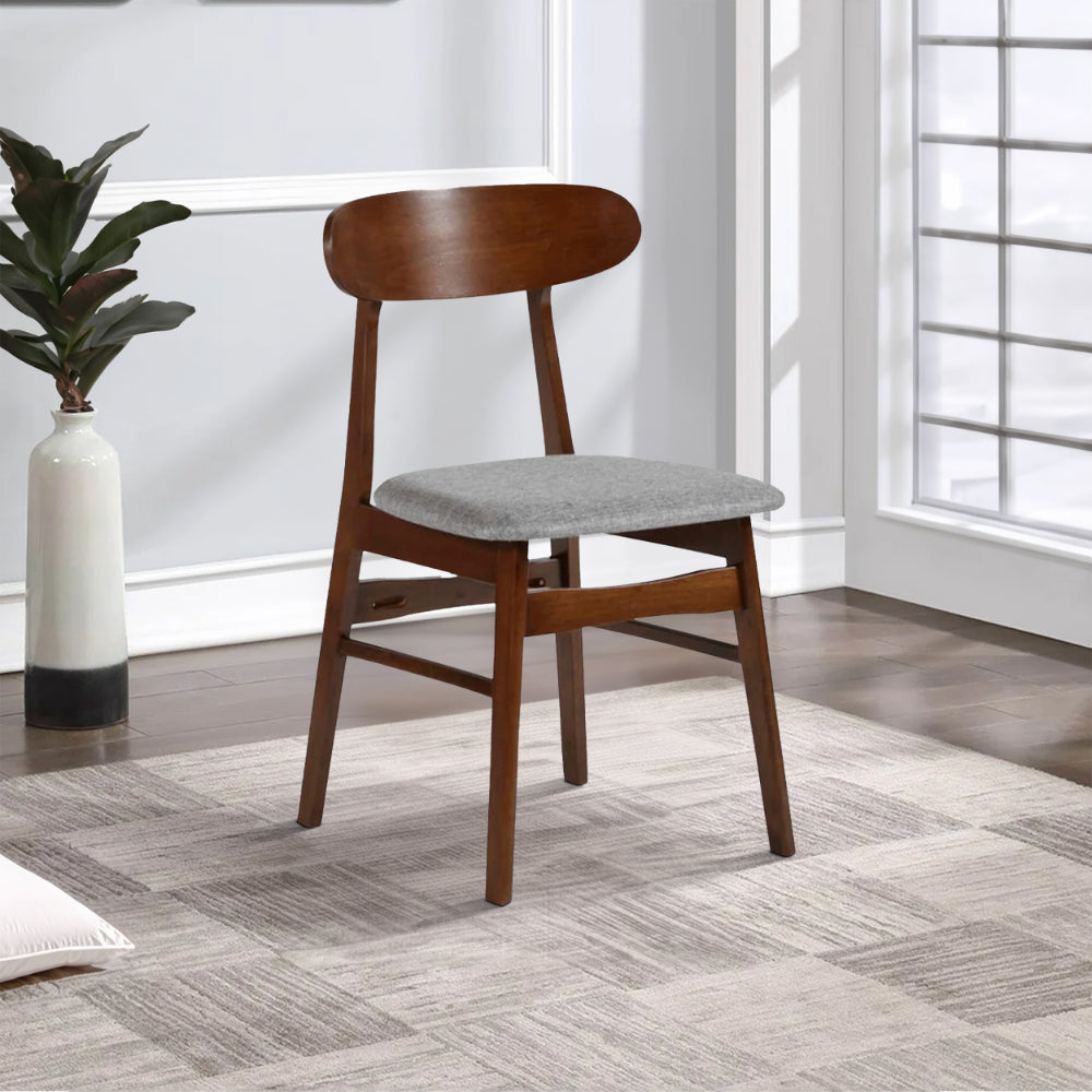 Benjara Bev 20 Inch Set of 2 Dining Chairs, Light Gray Cushions, Brown Rubberwood