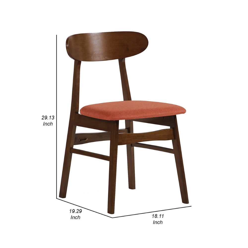 Benjara Bev 20 Inch Set of 2 Dining Chairs, Orange Cushions, Dark Brown Rubberwood