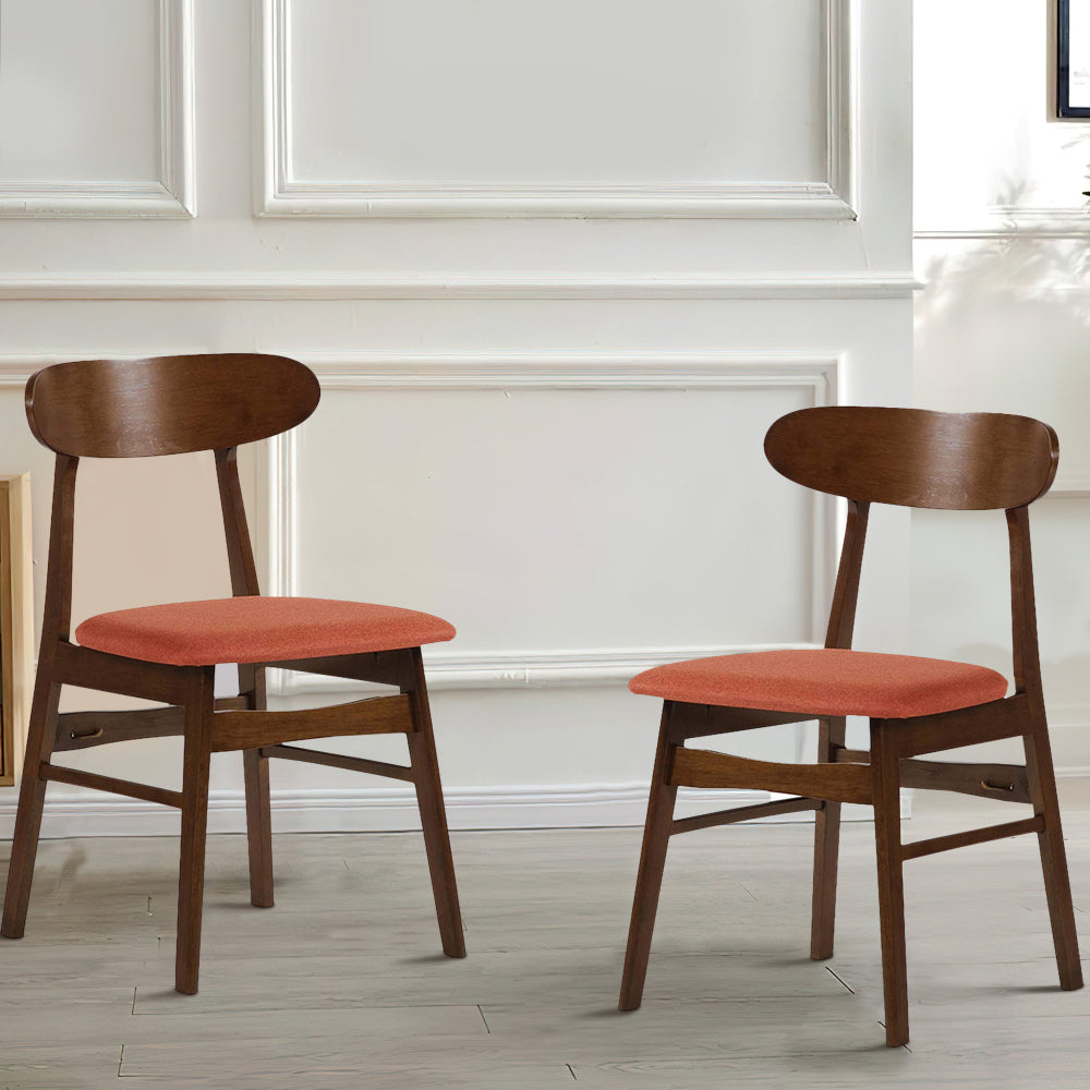 Benjara Bev 20 Inch Set of 2 Dining Chairs, Orange Cushions, Dark Brown Rubberwood