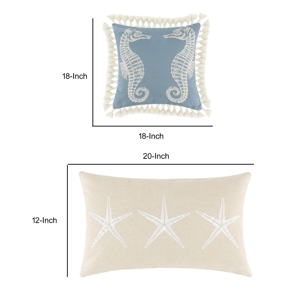 Benjara Set of 2 Decorative Throw Pillows, Seahorse And Starfish Polyester, Tassels