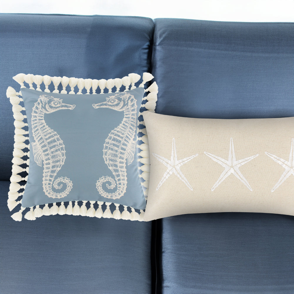 Benjara Set of 2 Decorative Throw Pillows, Seahorse And Starfish Polyester, Tassels