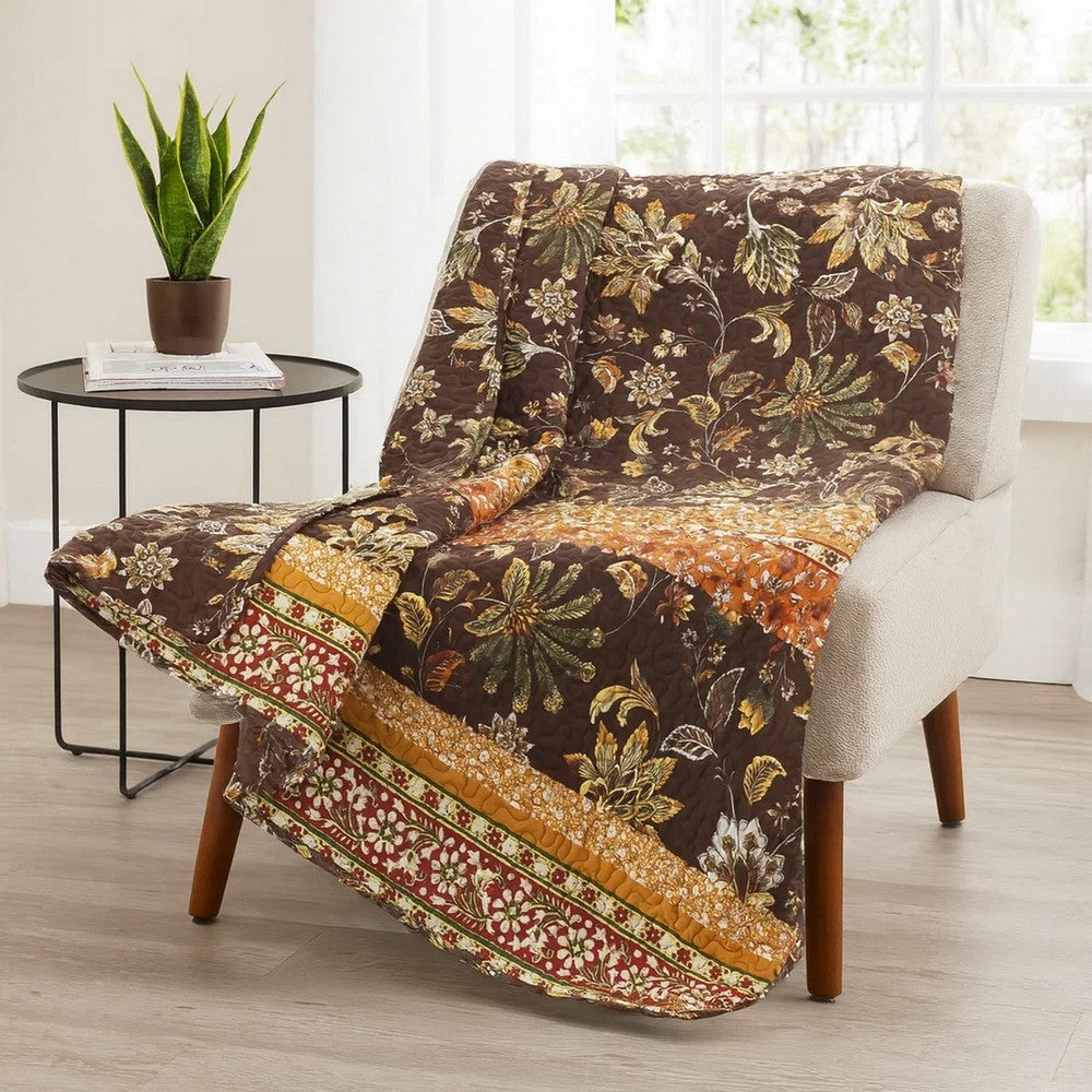 Benjara Athens 60 Inch Throw Blanket, Chocolate Brown Polyester, Jacobean Print
