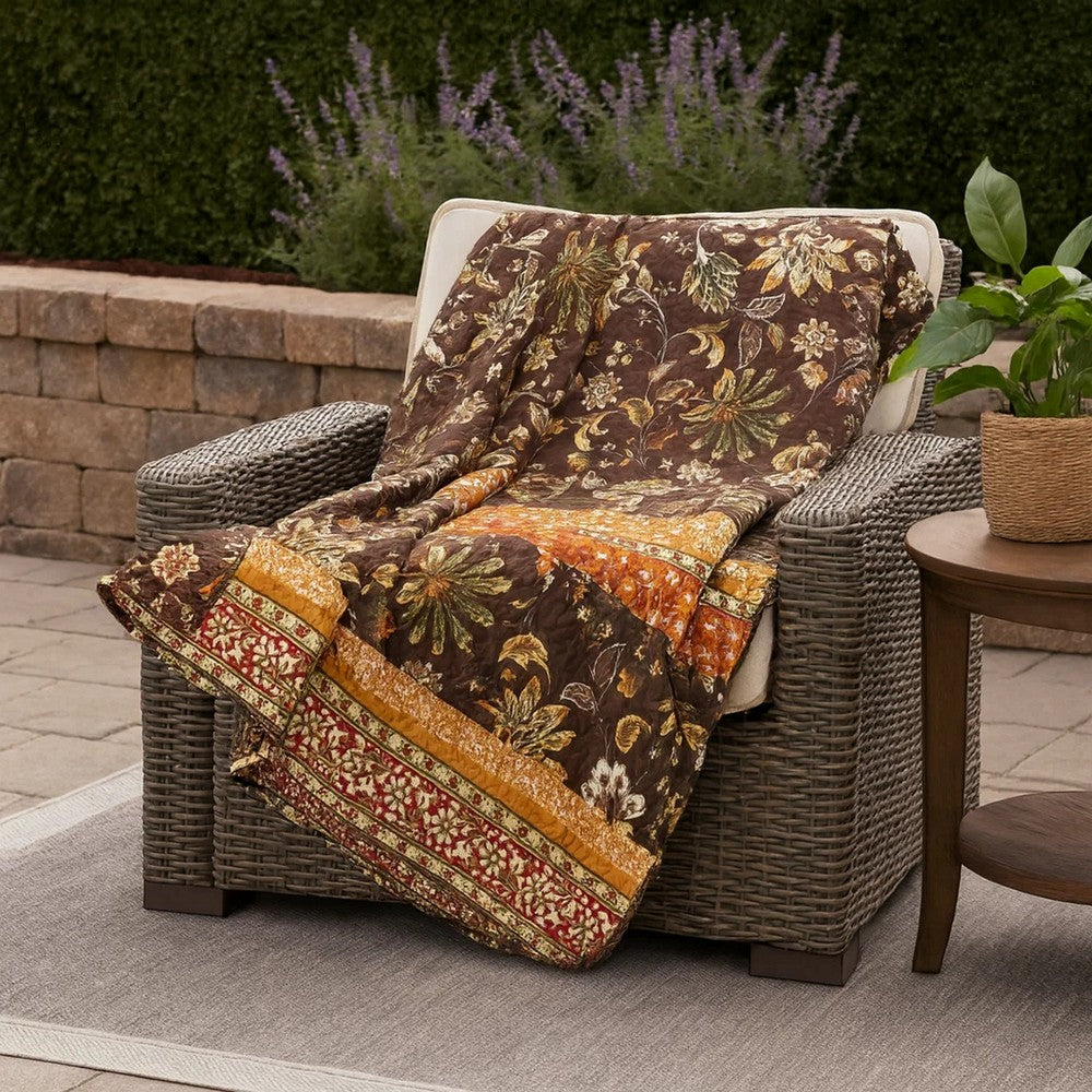 Benjara Athens 60 Inch Throw Blanket, Chocolate Brown Polyester, Jacobean Print