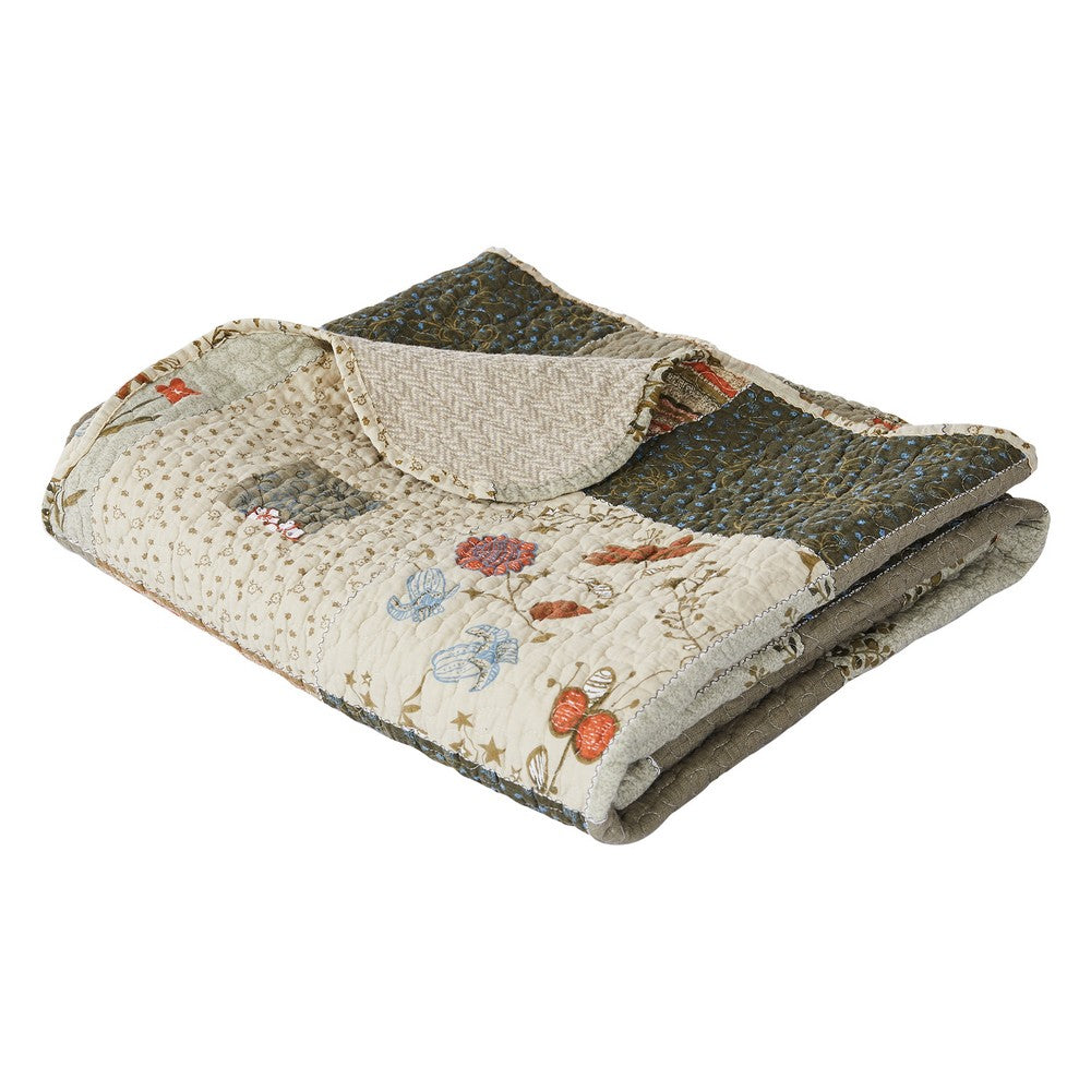 Benjara 50 x 60 Cotton Quilted Throw Blanket with Fill, Wild Flowers, Multicolor