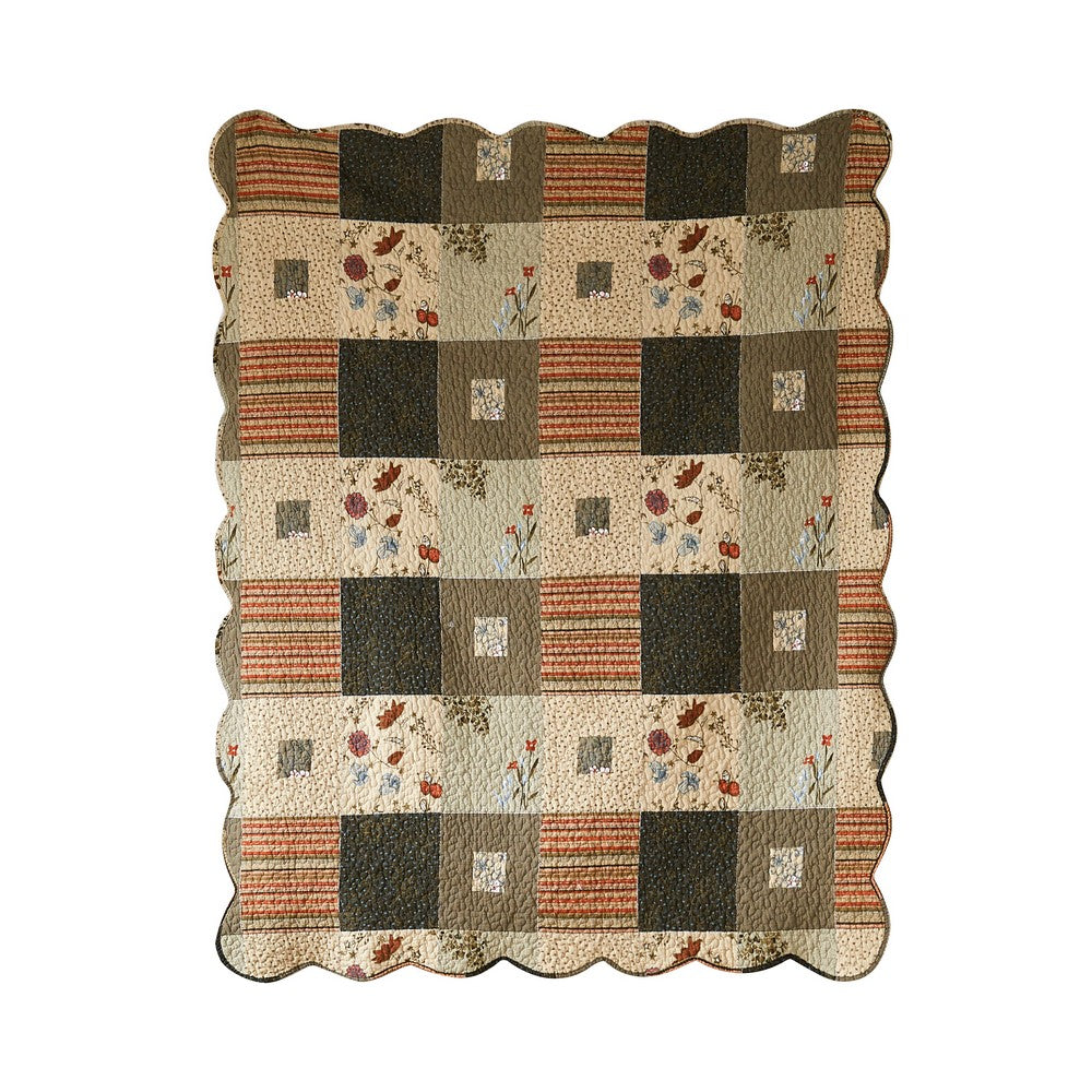 Benjara 50 x 60 Cotton Quilted Throw Blanket with Fill, Wild Flowers, Multicolor