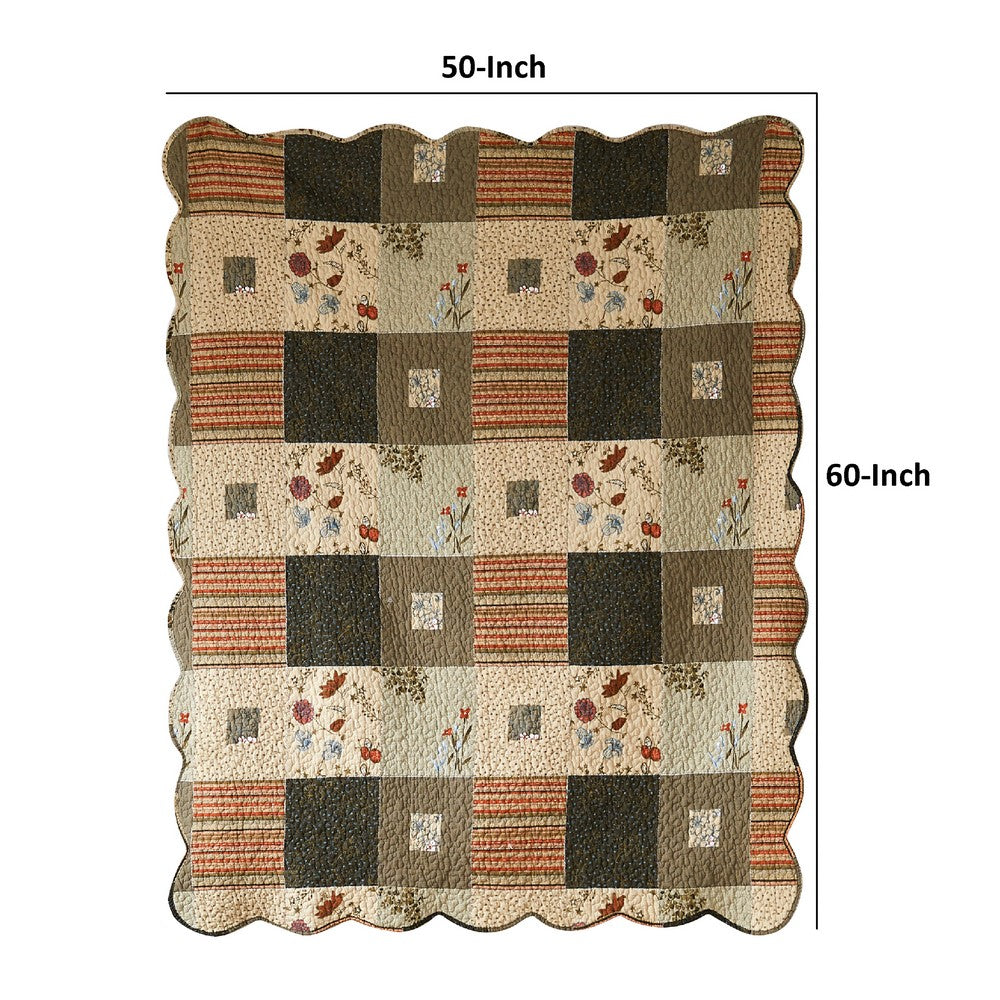 Benjara 50 x 60 Cotton Quilted Throw Blanket with Fill, Wild Flowers, Multicolor