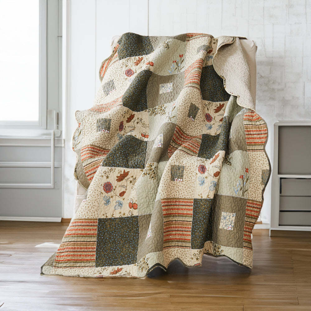 Benjara 50 x 60 Cotton Quilted Throw Blanket with Fill, Wild Flowers, Multicolor