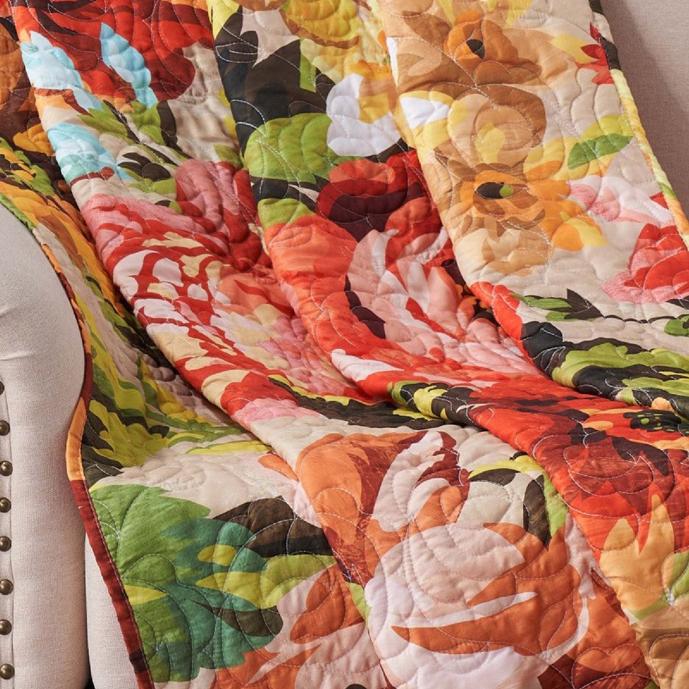 Benjara Dahl 50 x 60 Quilted Floral Throw Blanket with Polyester Fill, Multicolor