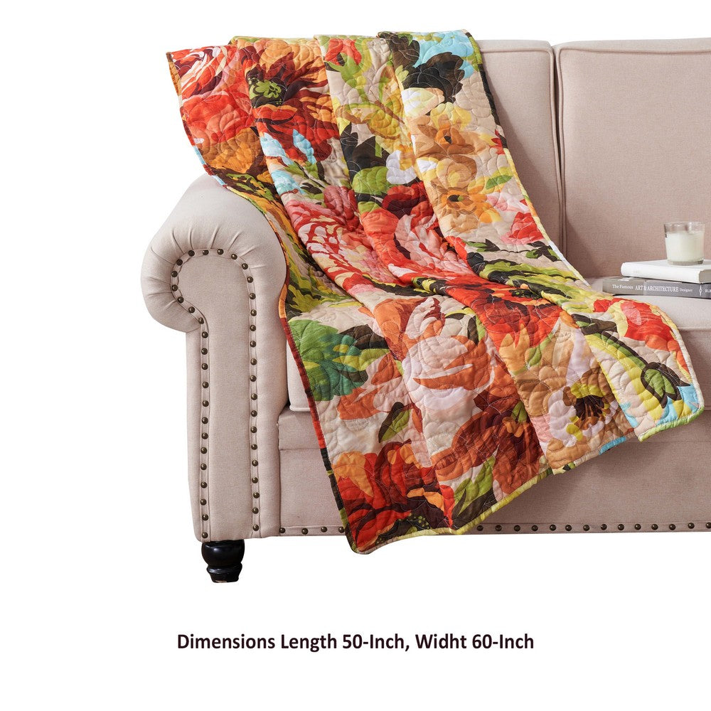 Benjara Dahl 50 x 60 Quilted Floral Throw Blanket with Polyester Fill, Multicolor