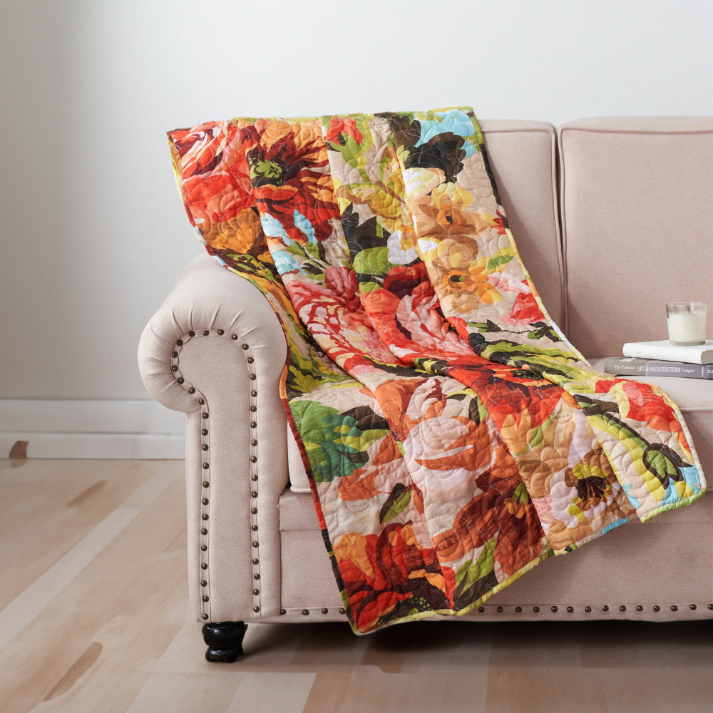 Benjara Dahl 50 x 60 Quilted Floral Throw Blanket with Polyester Fill, Multicolor