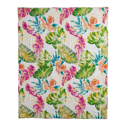 Benjara Porto 60 Inch Throw Blanket, Tropical Palm Leaves, Vibrant Green, Blue