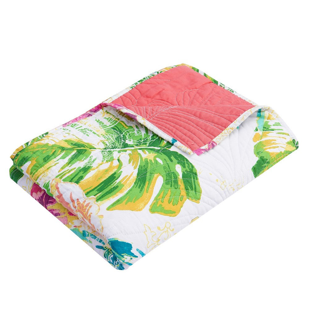 Benjara Porto 60 Inch Throw Blanket, Tropical Palm Leaves, Vibrant Green, Blue
