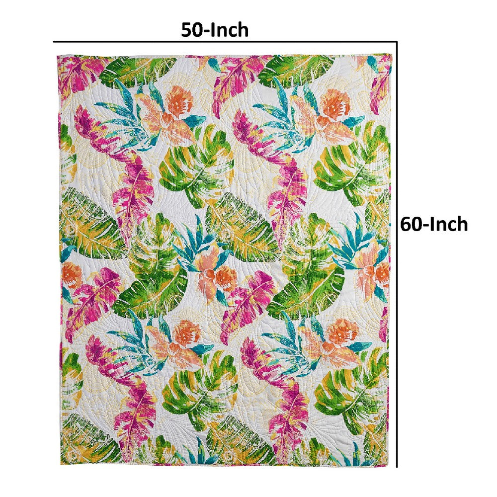 Benjara Porto 60 Inch Throw Blanket, Tropical Palm Leaves, Vibrant Green, Blue