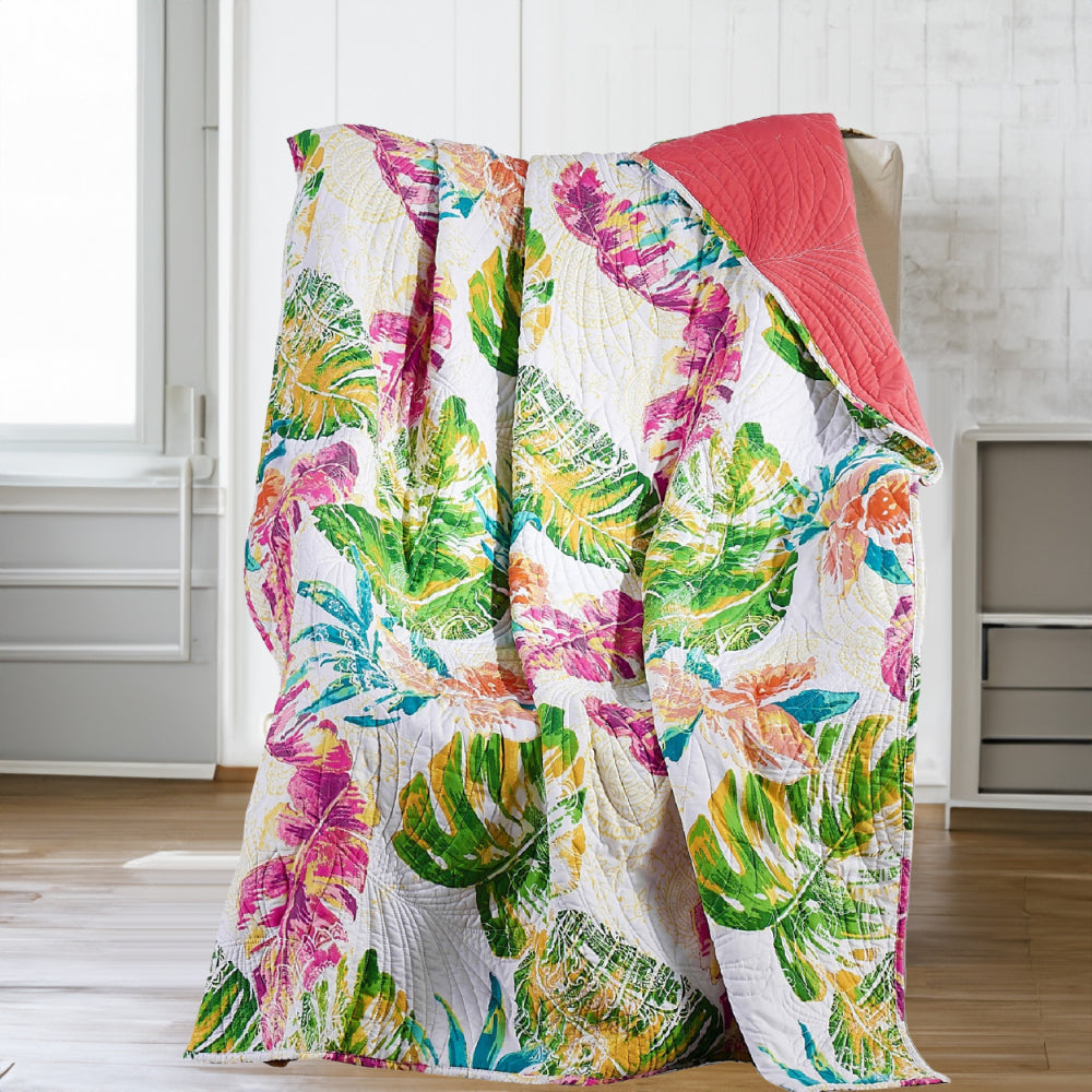 Benjara Porto 60 Inch Throw Blanket, Tropical Palm Leaves, Vibrant Green, Blue