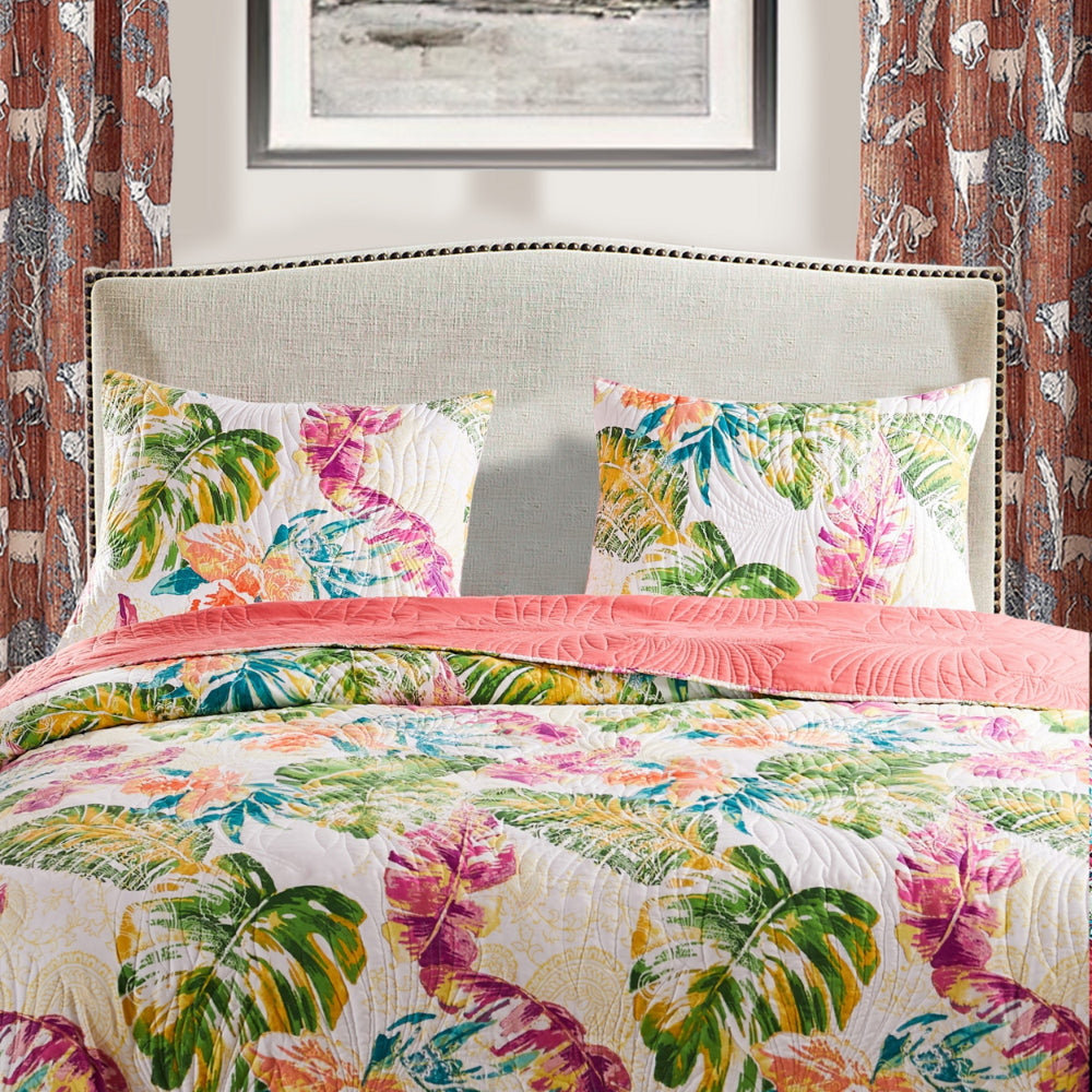 Benjara Porto 20 x 36 King Size Pillow Sham, Tropical Palm Leaves, Green And Blue