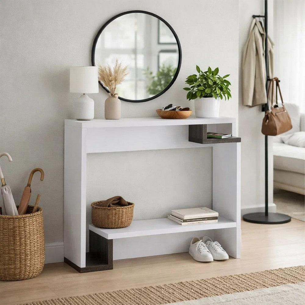 Benjara 36 Inch Modern Console Table, Multilevel Wood Shelves, Gray And White