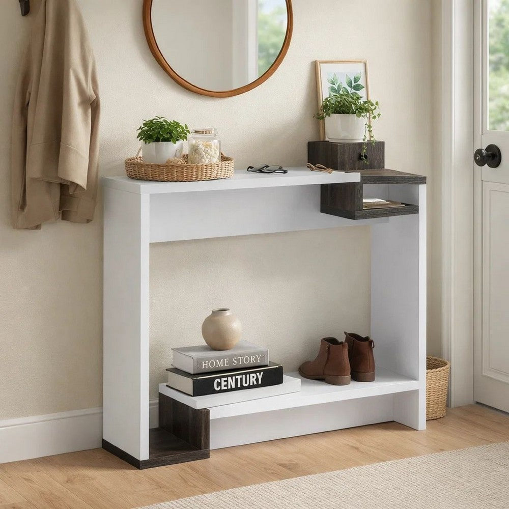 Benjara 36 Inch Modern Console Table, Multilevel Wood Shelves, Gray And White