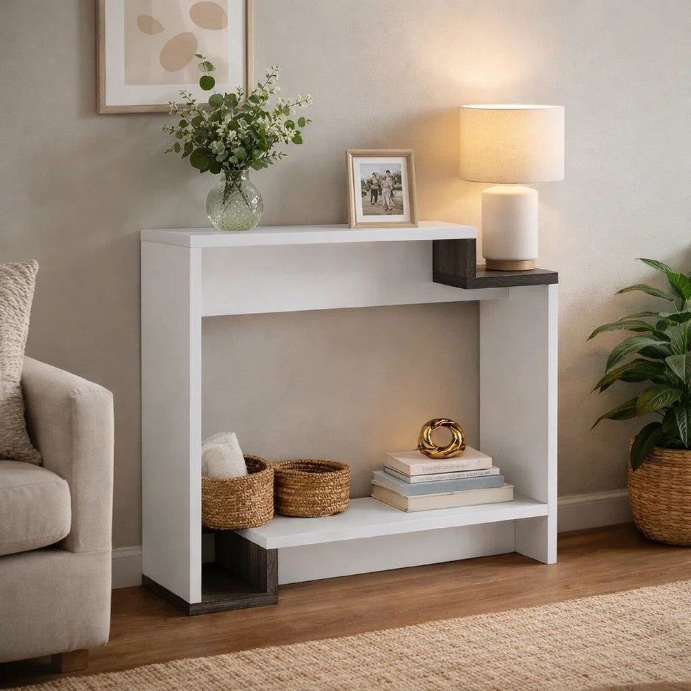 Benjara 36 Inch Modern Console Table, Multilevel Wood Shelves, Gray And White