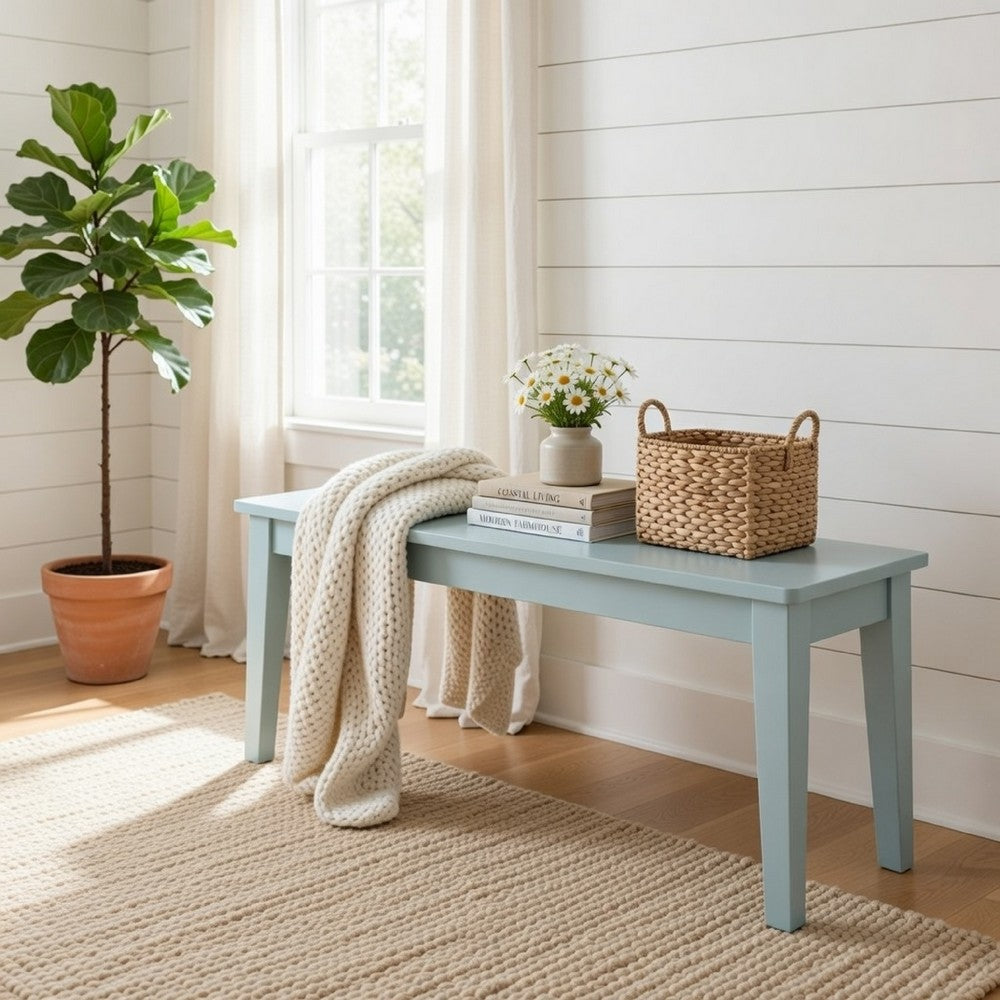 Benjara Bray 44 Inch Modern Rectangular Dining Bench, Tapered Legs, Teal Blue