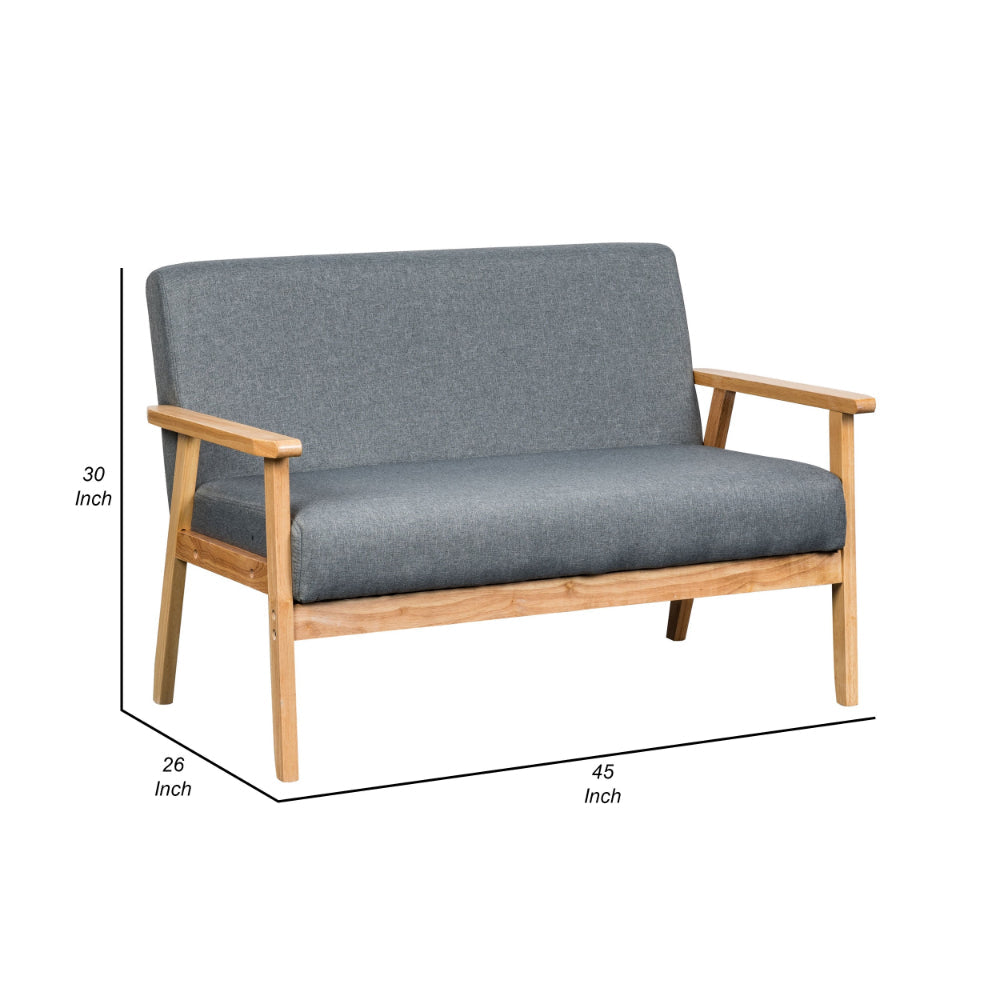 Benjara Gala 45 Inch Modern Loveseat Bench, Gray Fabric, Natural Brown Wood Frame