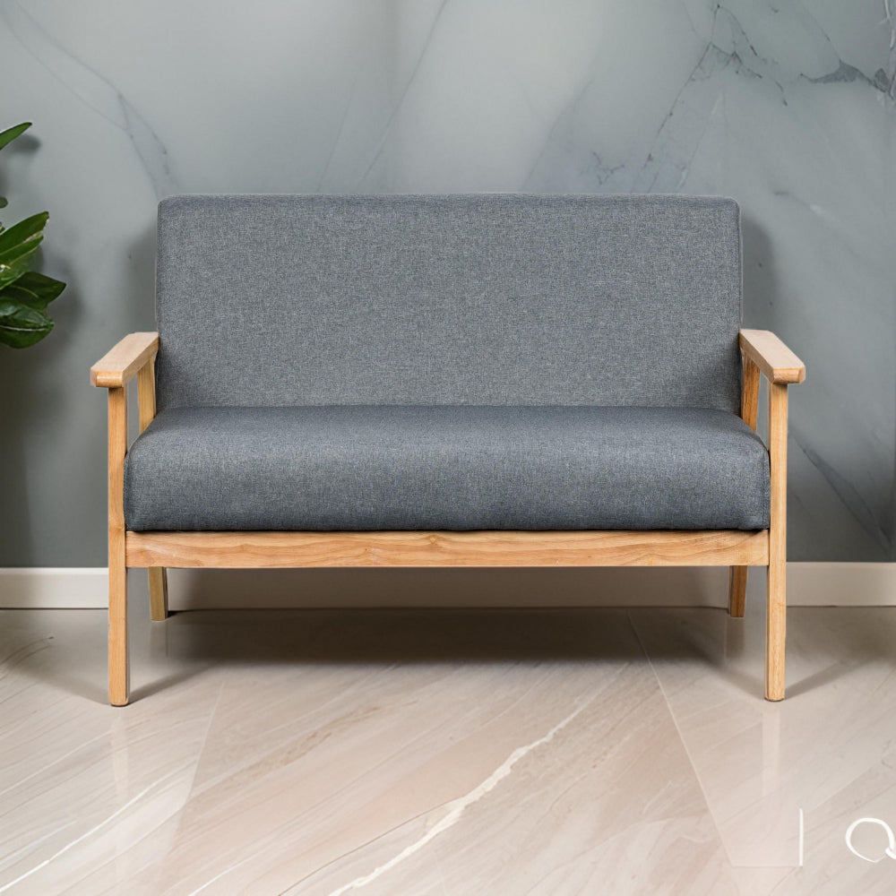Benjara Gala 45 Inch Modern Loveseat Bench, Gray Fabric, Natural Brown Wood Frame