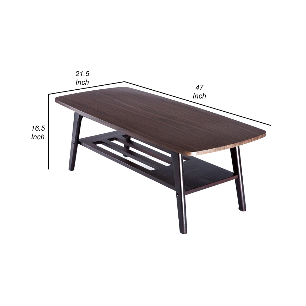 Benjara Gala 47 Inch Modern Wood Coffee Table with Bottom Shelf, Espresso Brown